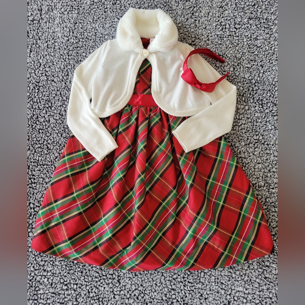 Gymboree Picture Perfect Holiday Christmas Red Plaid Dress, Cardigan Girl Size 7